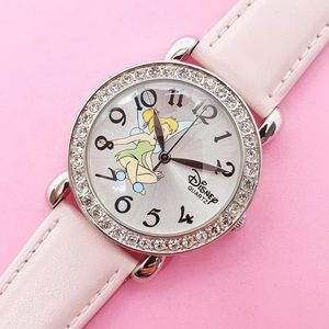 Disney Parks Tinker bell  watch Pink Band Crystal Rhinestones Leather